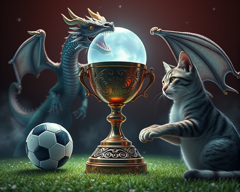 cup, crystal ball, dragon, football, cat